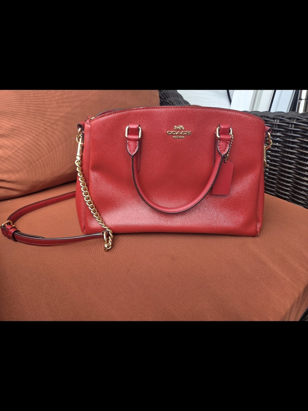 Coach Red Saffiano Leather Dome Satchel with Gold Hardware